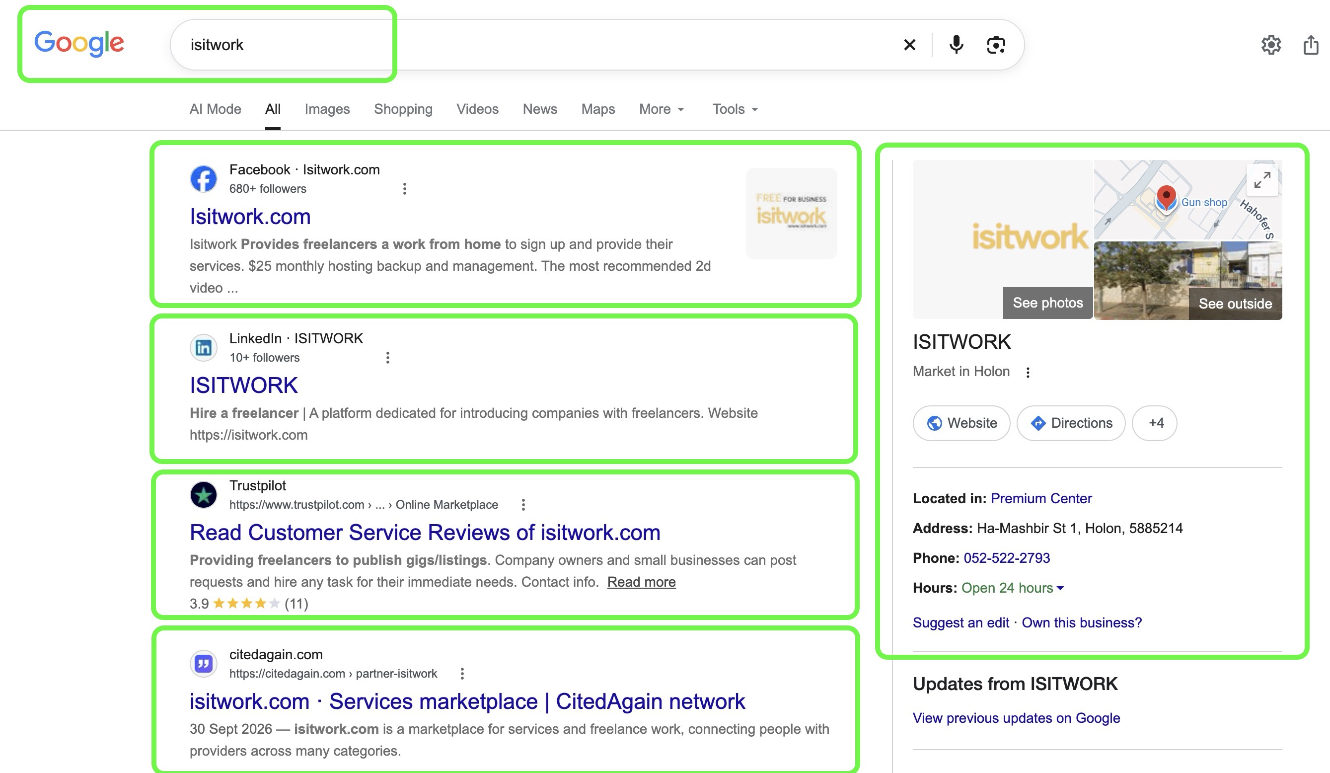 Full first page of Google for the business, owned by Facebook, LinkedIn, Trustpilot and the Google Business panel