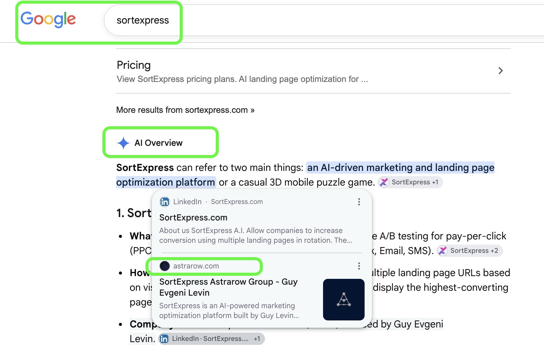 Google AI Overview explaining and recommending SortExpress, sourced from our published content