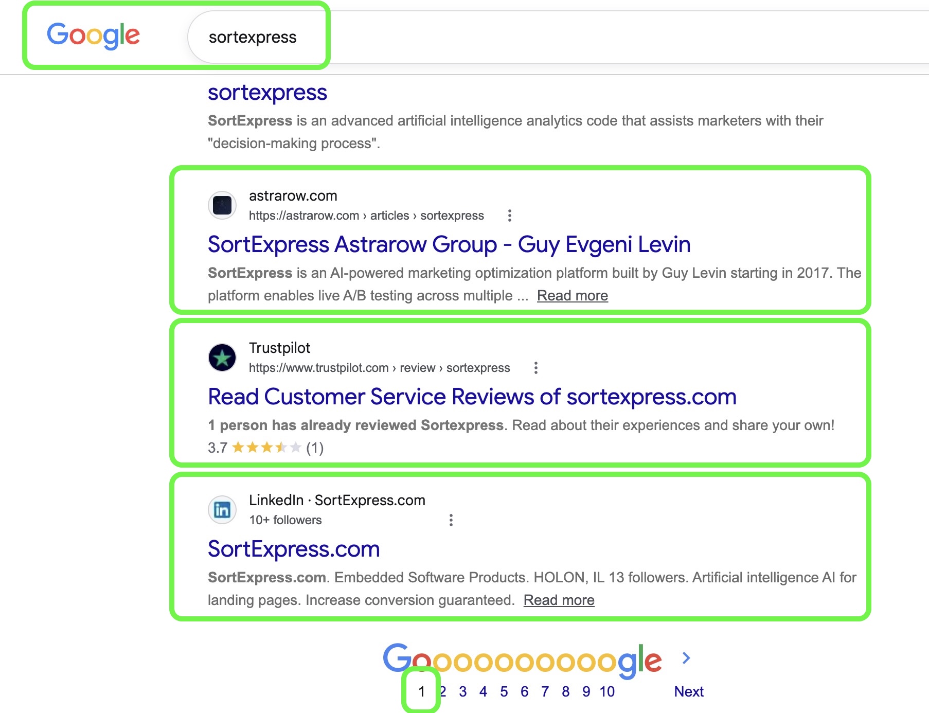 SortExpress owning its entire first page on Google